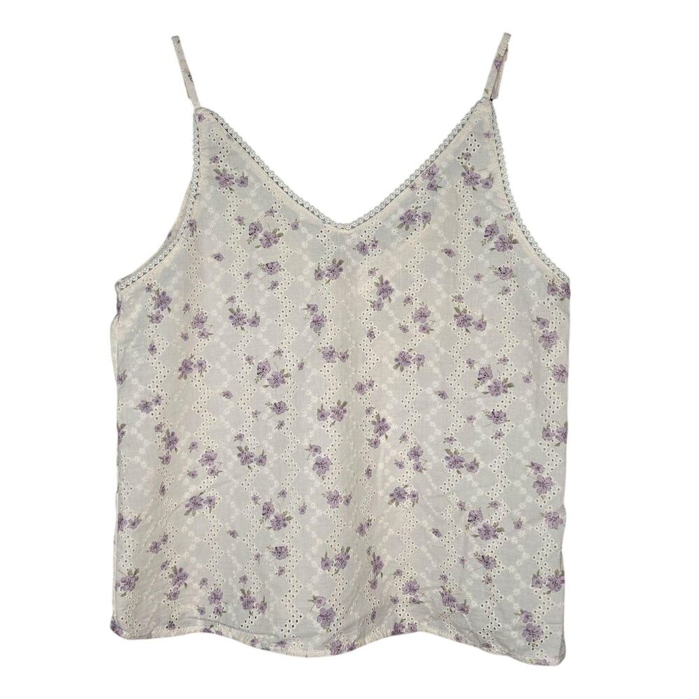 Easy Clothes Camisole Top Womens S/M White Floral Cotton Lace Eyelet Trim